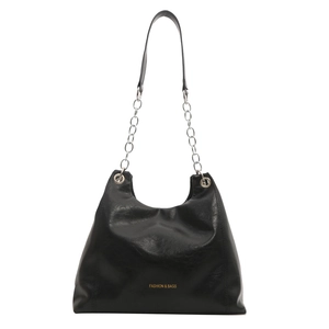 Sac bandoulière en cuir noir avec bandoulière chaîne argentée et logo doré