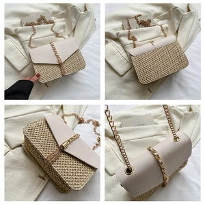 Detail of straw woven crossbody bag with cream leather flap and gold tassel chain