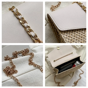 Detail of straw woven bag showing beige leather flap, gold chain strap and inner pocket