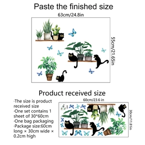 Detailansicht der Katzen und Pflanzen Wandaufkleber mit Layoutmaßen und Produktgröße