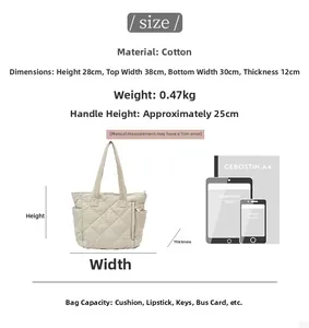 Size chart for the nylon quilted tote bag showing dimensions and capacity details
