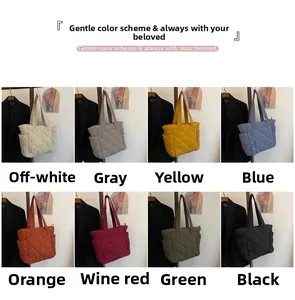 Quilted nylon tote bags shown in 8 colors including off-white, blue, and black for commuting