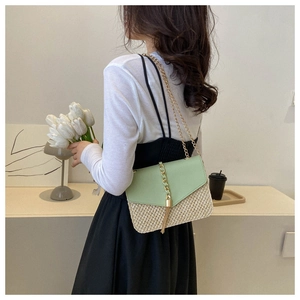 Detail of mint green flap and beige woven texture on crossbody bag with gold chain strap