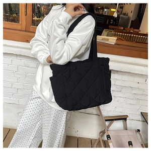 Large black quilted nylon tote bag with rhombus patterns for autumn and winter fashion