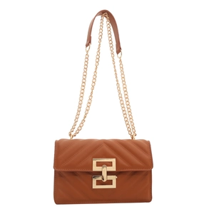 Brown V-quilted small square bag with gold interlocking lock and chain shoulder strap