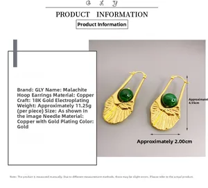 Detailed size measurement of hollow leaf gold earrings with green malachite stones