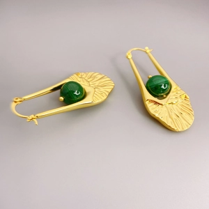 18K gold plated hoop earrings with fan textured charm and malachite stone for women
