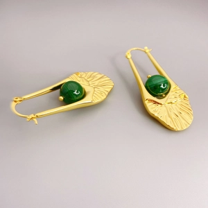 18K gold plated U-shaped dangle earrings with green malachite stone and wave texture