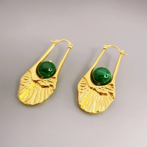 18K gold plated drop earrings with malachite stone and textured leaf design