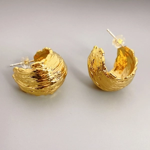 C-Shaped Hoop Earrings With 925 Sterling Silver Earring Post Irregular Lava Texture Gold Plated Fashion Jewelry For Women