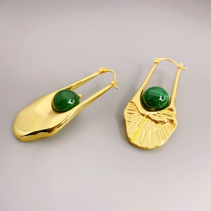 Malachite Dangle Earrings 18K Gold Plated Copper Retro Fan Shape Textured Vintage Jewelry For Women Fashion Accessory