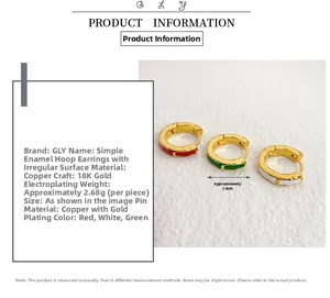 Detail of 18K gold-plated brass hoops with red, green and white enamel finish
