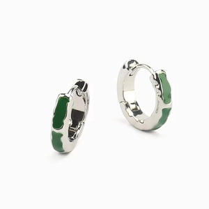 18K gold plated hoop earrings with vibrant green enamel inlay and bamboo style texture