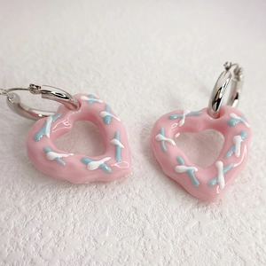 Retro heart drop earrings in macaron pink with blue stripes and silver hoops