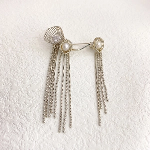 Elegant silver tassel brooch with pearls and zircons for winter coats and sweaters