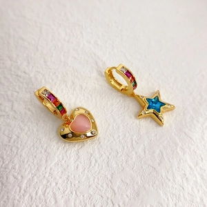 Orecchini A Cerchio In Rame Asimmetrici Stella Cuore Zirconi Colorati Pietra Occhio Di Gatto Rosa Placcati Oro Moda Donna