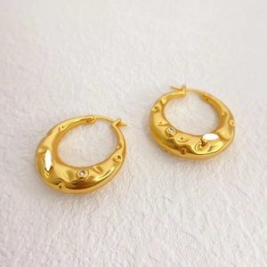 Lava texture 18K gold plated brass hoop earrings with tiny sparkling crystal accents
