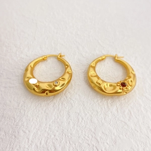 Matte gold hammered texture hoop earrings with crystals and 18K gold plating