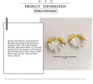 Detail of gold-plated pearl C-shaped earrings with S925 silver needle specifications