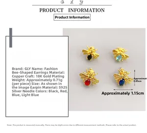 Detail of bee earrings with 18K gold plating, S925 silver needles and colorful rhinestones