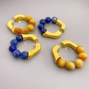 Gold-plated hoop earrings with natural lapis lazuli and tiger eye beads for women