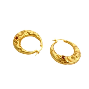 French vintage thick 18K gold plated brass hoop earrings with amber crystal center