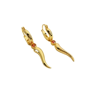 Boucles d'oreilles créoles plaquées or 18K avec pendentif cornicello et gemme orange