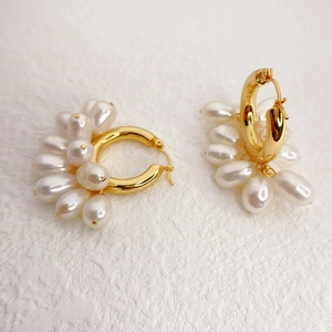 Vintage 18K gold plated brass hoop earrings with white teardrop pearls for women
