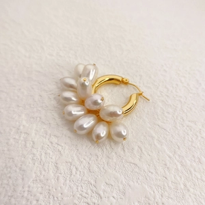 Vintage brass earrings with 18K gold plating and elegant white drop-shaped pearls