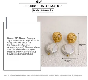 Detailed view of S925 silver needle Baroque pearl earrings with 18K gold plating specs