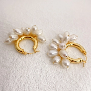 Vintage Brass Hoop Earrings For Women With Gold Plated Finish And White Baroque Water Drop Artificial Pearls Retro Style