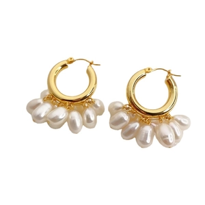 Vintage 18K gold plated brass hoop earrings with dangling white baroque pearls