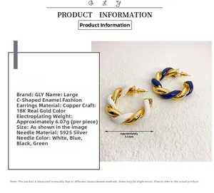 Detail of C-shaped enamel earrings showing 3.32cm size and 18K gold plated copper material
