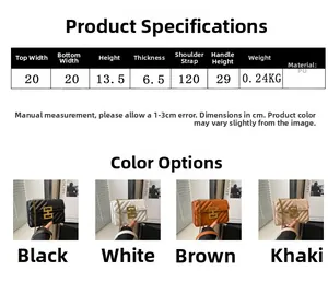 Size chart showing PU leather chain crossbody bag dimensions and four color options