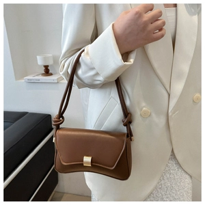 Detail of brown square crossbody bag with gold buckle and unique curved base design