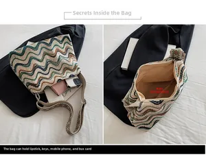 Structure interne du sac fourre-tout tissé montrant la poche pour téléphone et portefeuille