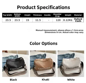 Detailed size specifications and color options for the camellia print crossbody bag