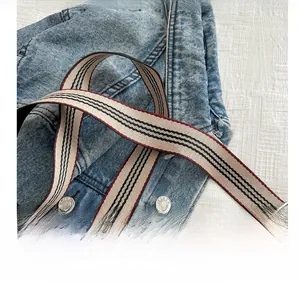 Detail of wide striped canvas shoulder strap with durable weave and metal buckle
