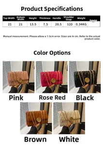 Tableau des tailles pour petit sac à bandoulière classique avec dimensions et coloris