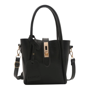 Classic black bucket bag with gold hardware and top handle shown on white background