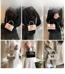 Detail view of mini bow crossbody bag shown in various styles including pink and silver colors