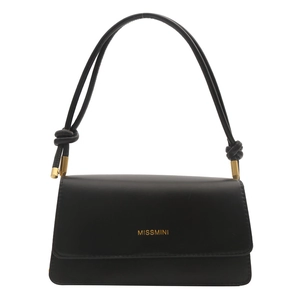 Black minimalist leather shoulder bag with knotted strap and gold hardware accents