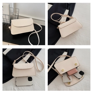 Detailed four-way view of a cream crossbody bag with faux crocodile texture and magnetic flap