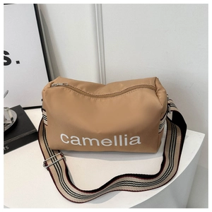 Women Nylon Shoulder Bag Crossbody Pillow Bag Camellia Letter Print Wide Striped Strap Casual Minimalist Handbag Travel