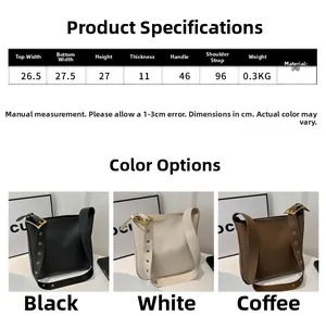 Size chart showing PU leather bucket bag dimensions and colors in black, white, and coffee