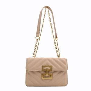 Chic beige quilted chain bag with V-stitch faux leather and gold geometric buckle lock