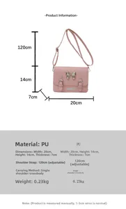 Detailed view of pink PU leather crossbody bag with dimensions and silver bow accent
