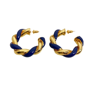Chic gold-tone twisted C-shape hoop earrings with navy blue enamel weave accents