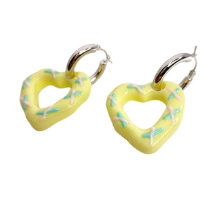 Exaggerated heart pendant hoop earrings with blue and white cross pattern