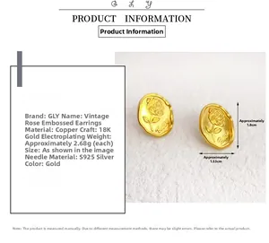 Detail view of gold vintage rose studs with dimensions and 18K plated texture